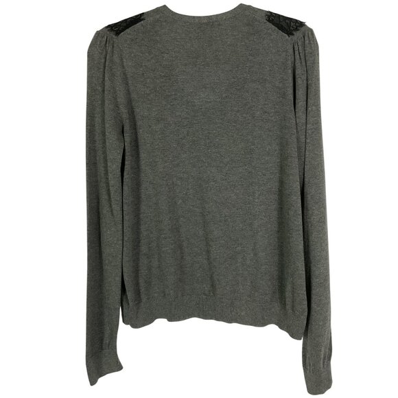 LOFT Gray V-neck Sweater with Black Lace Trim, Medium, Cotton/Rayon/Wool - Picture 4 of 8